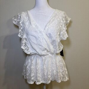 Madi and Mase White Lace Ruffle Sleeve Wrap Top Blouse Womens Size M